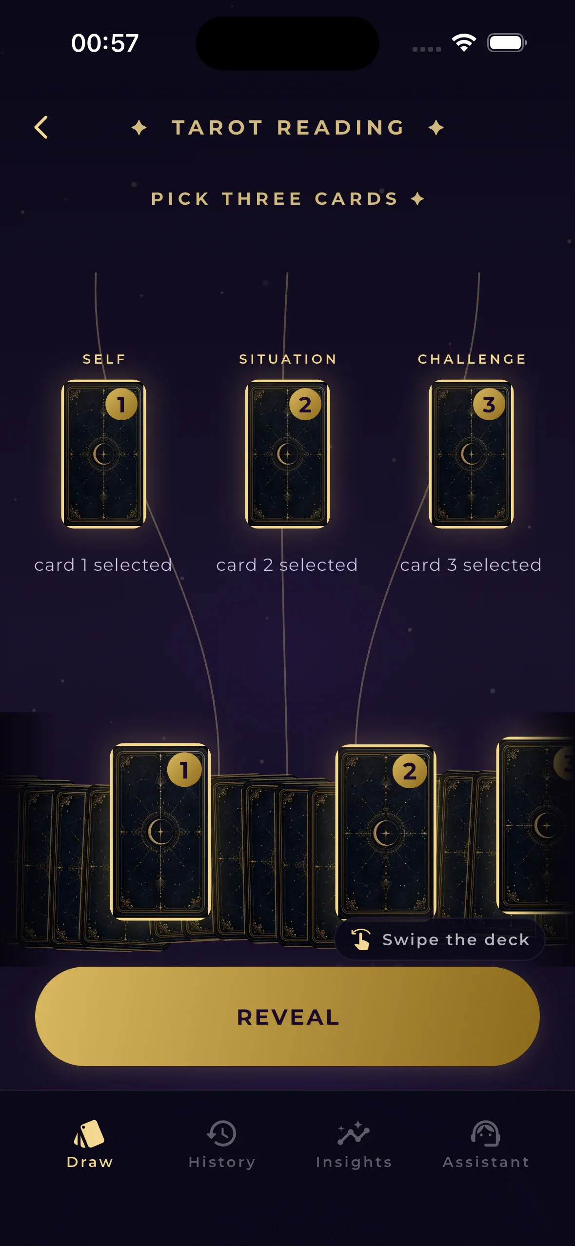 Luvris AI Tarot card selection screen